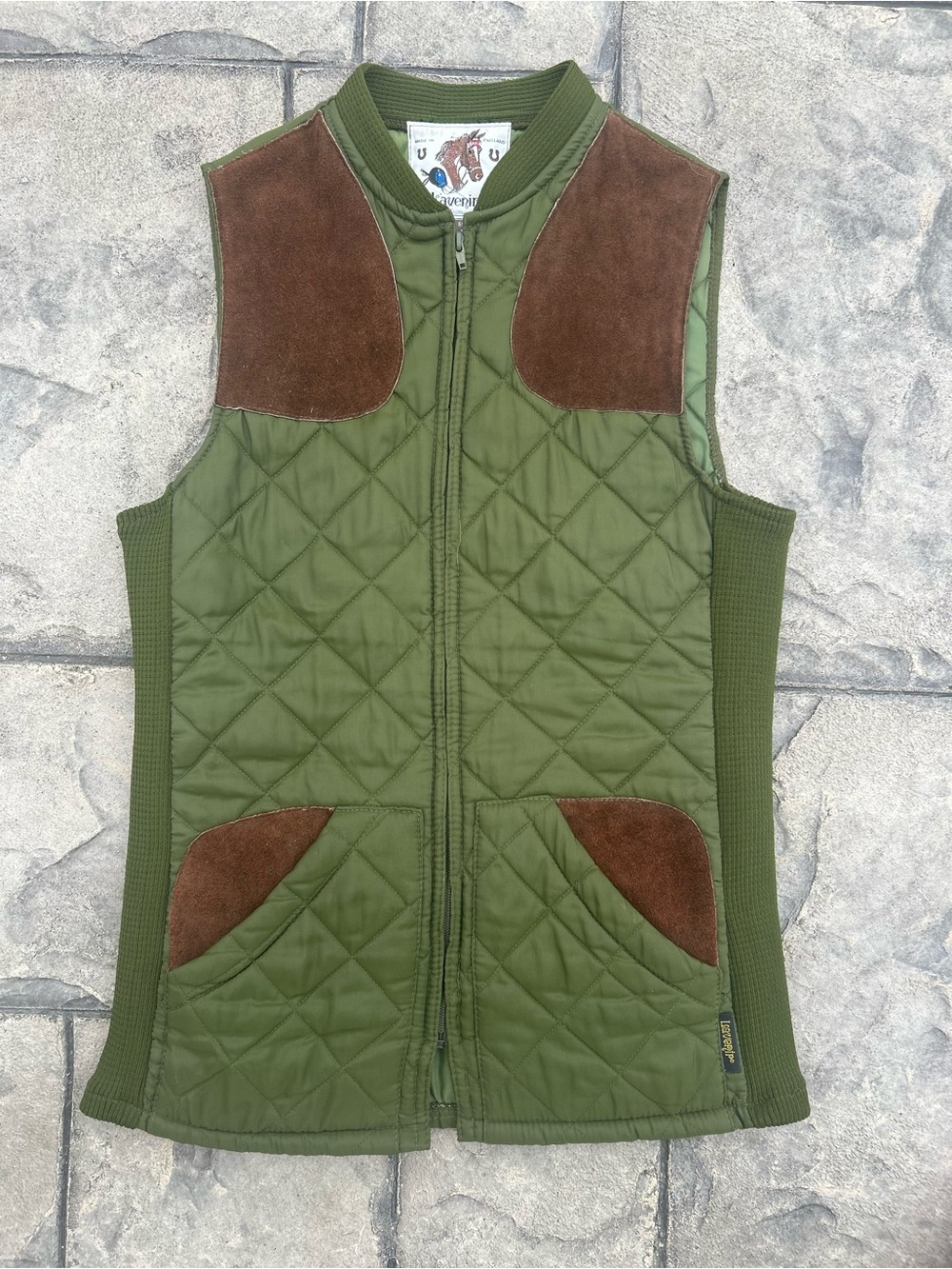 Vintage Lavenir England Quilted Olive Green Vest Suede Accents Equestrian M
